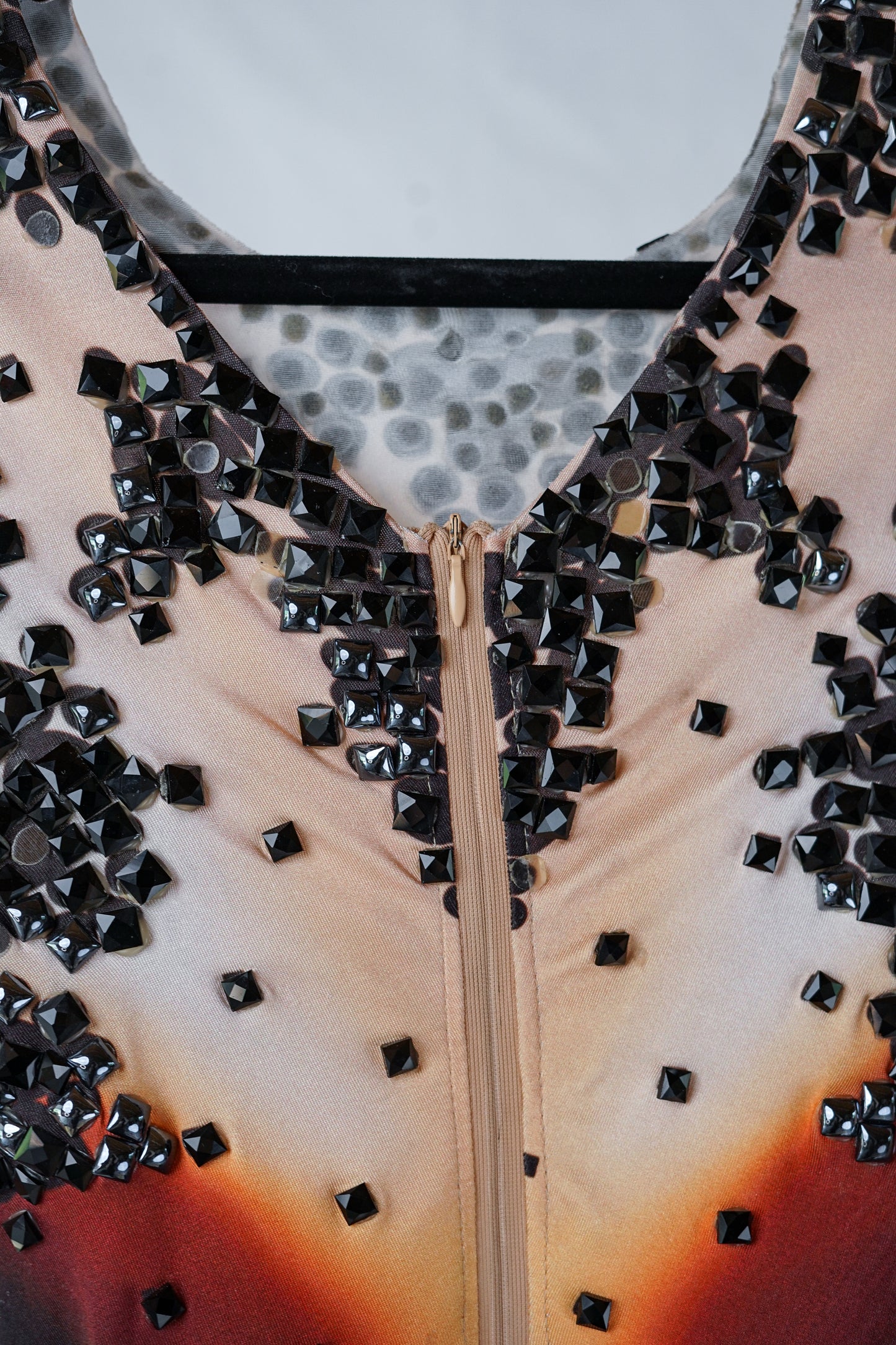 Bodycon Bodysuit with Black Crystals, Studs, and Feathers