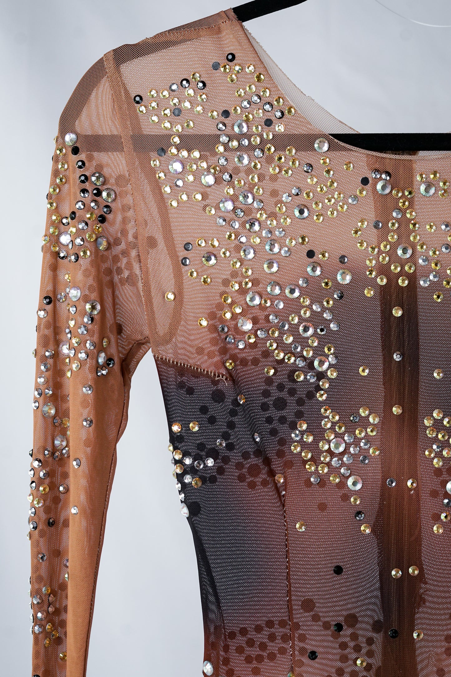 Dark Beige Mesh Bodysuit with Hand-Placed Crystals and Body Contour Pattern