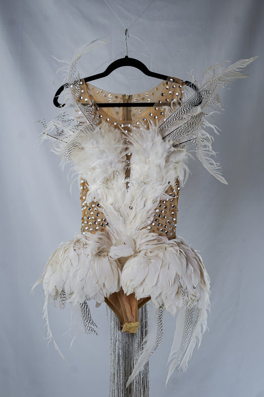 Angel Swan Costume Bodysuit with Feathers and Crystals – Perfect for Burlesque or Festivals