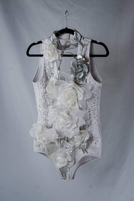 White and Silver Flower Adorned LED Turtleneck Halter Bodysuit with Crystals