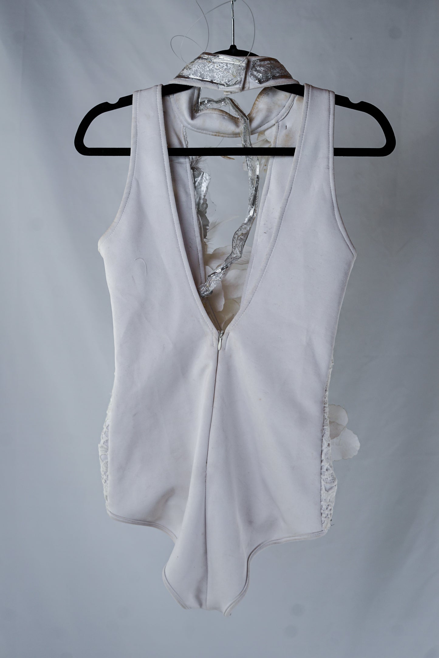 White and Silver Flower Adorned LED Turtleneck Halter Bodysuit with Crystals