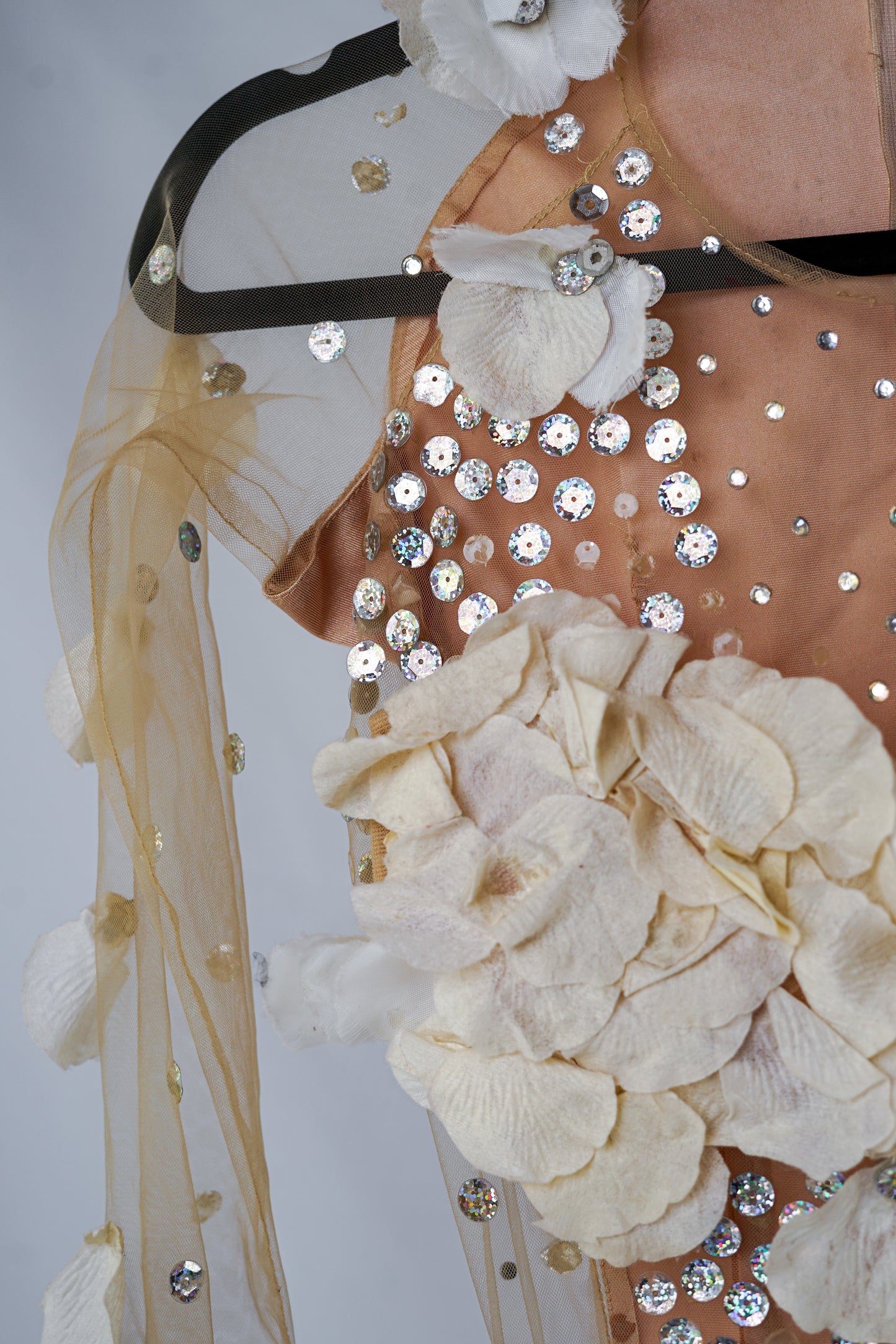 Beige Mesh Bodysuit with White Flowers and Crystals