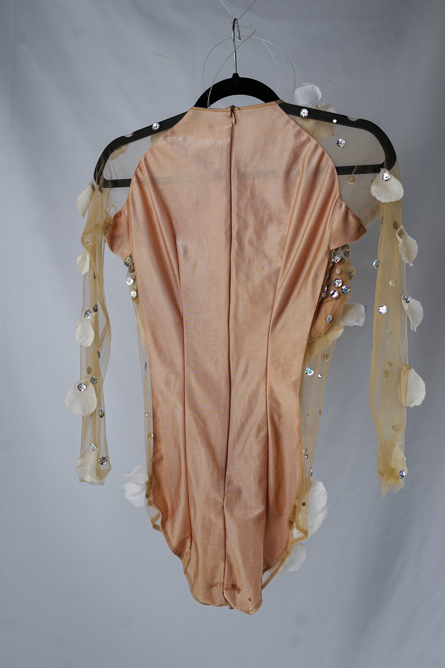 Beige Mesh Bodysuit with White Flowers and Crystals