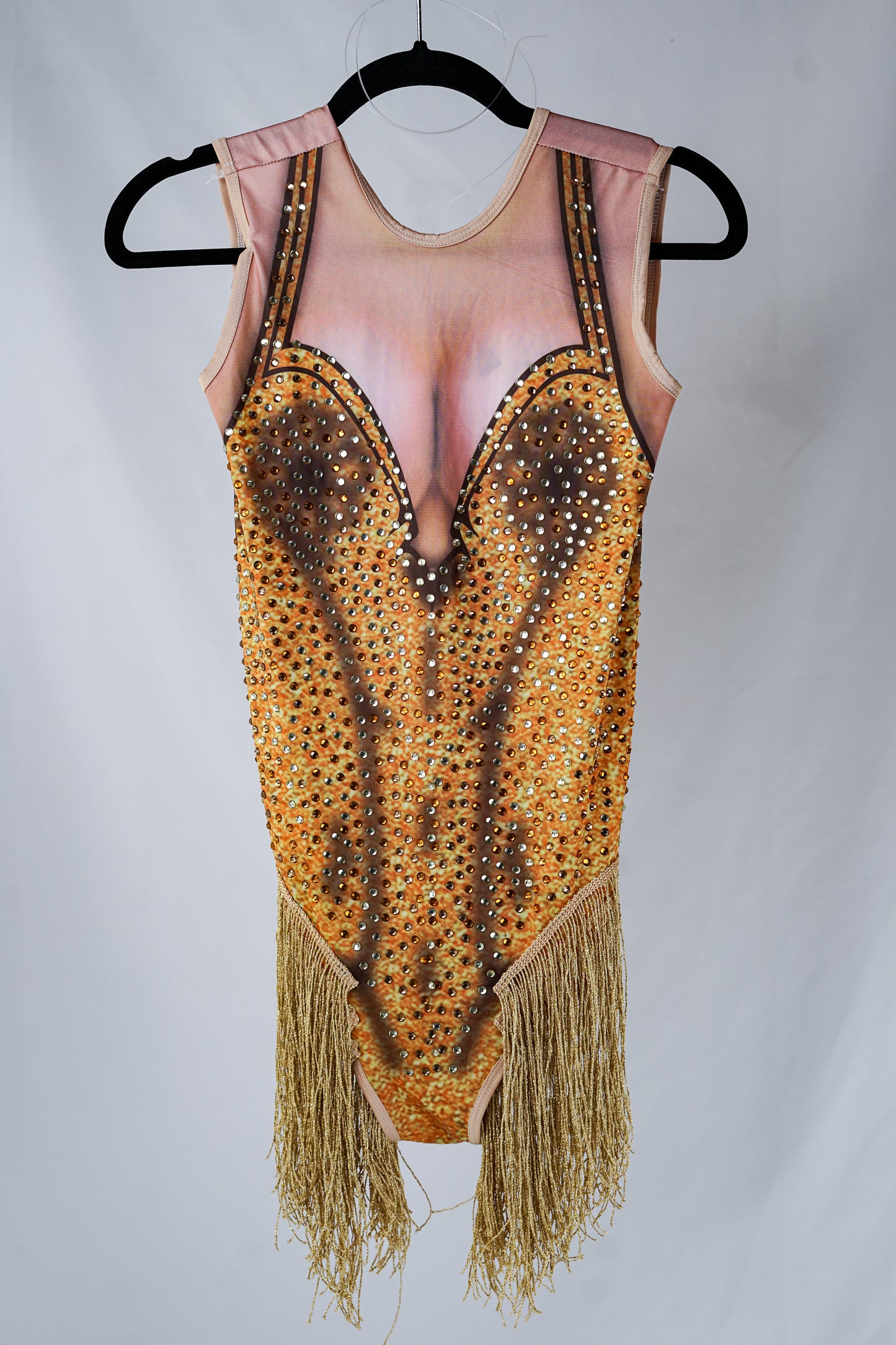 Yellow and Gold Beige Bodycon Bodysuit with Gold Crystals and Fringe