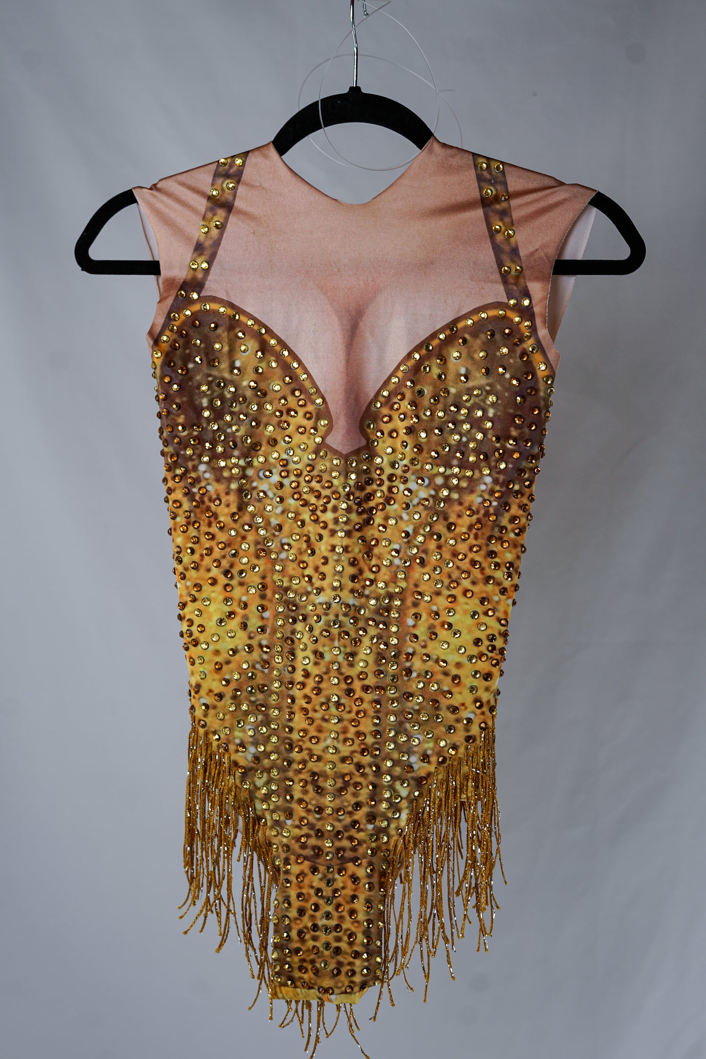 Yellow and Gold Beige Bodycon Bodysuit with Gold Crystals and Fringe