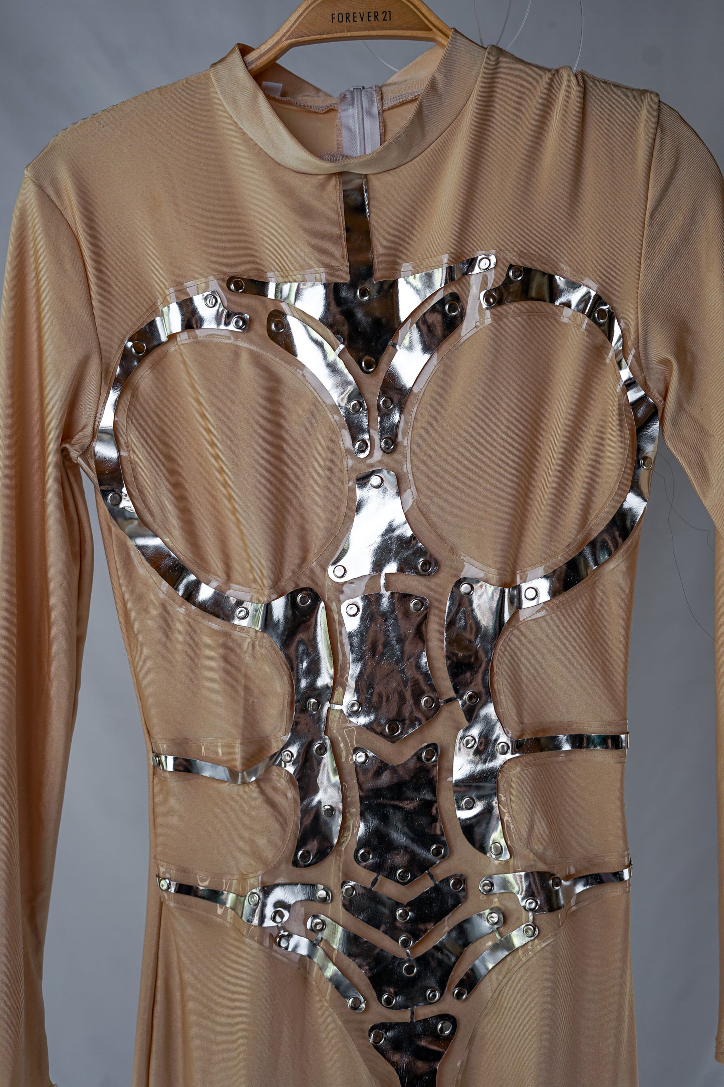 Handmade Beige Bodycon Bodysuit with Chrome Shining Details