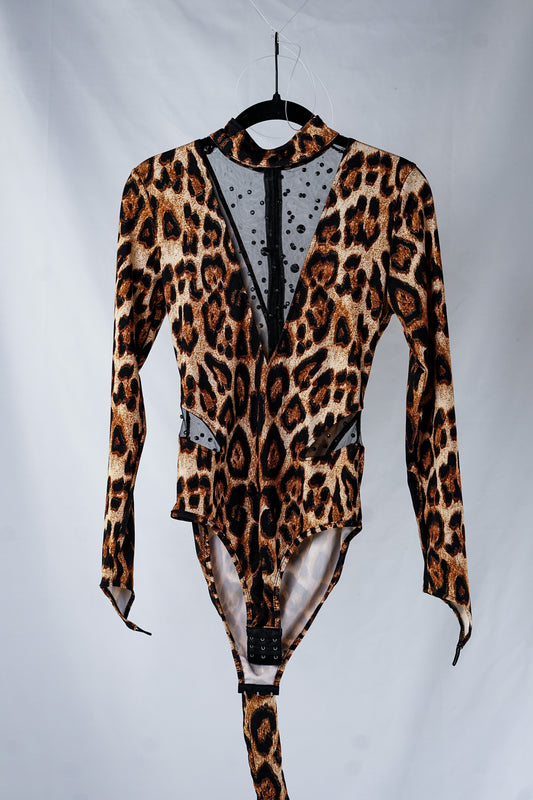 Leopard Bodysuit Costume with Detachable Tail, Mesh Chest, and Matching Ears