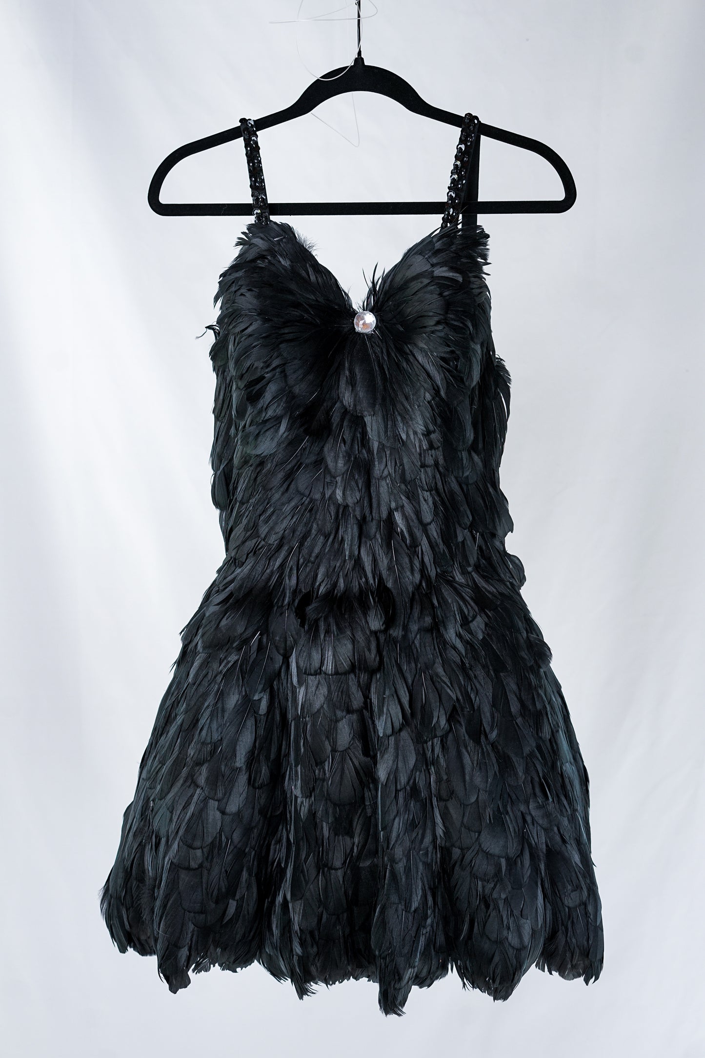 Black Feather Spaghetti Strap Dress with Hand-Placed Rhinestones