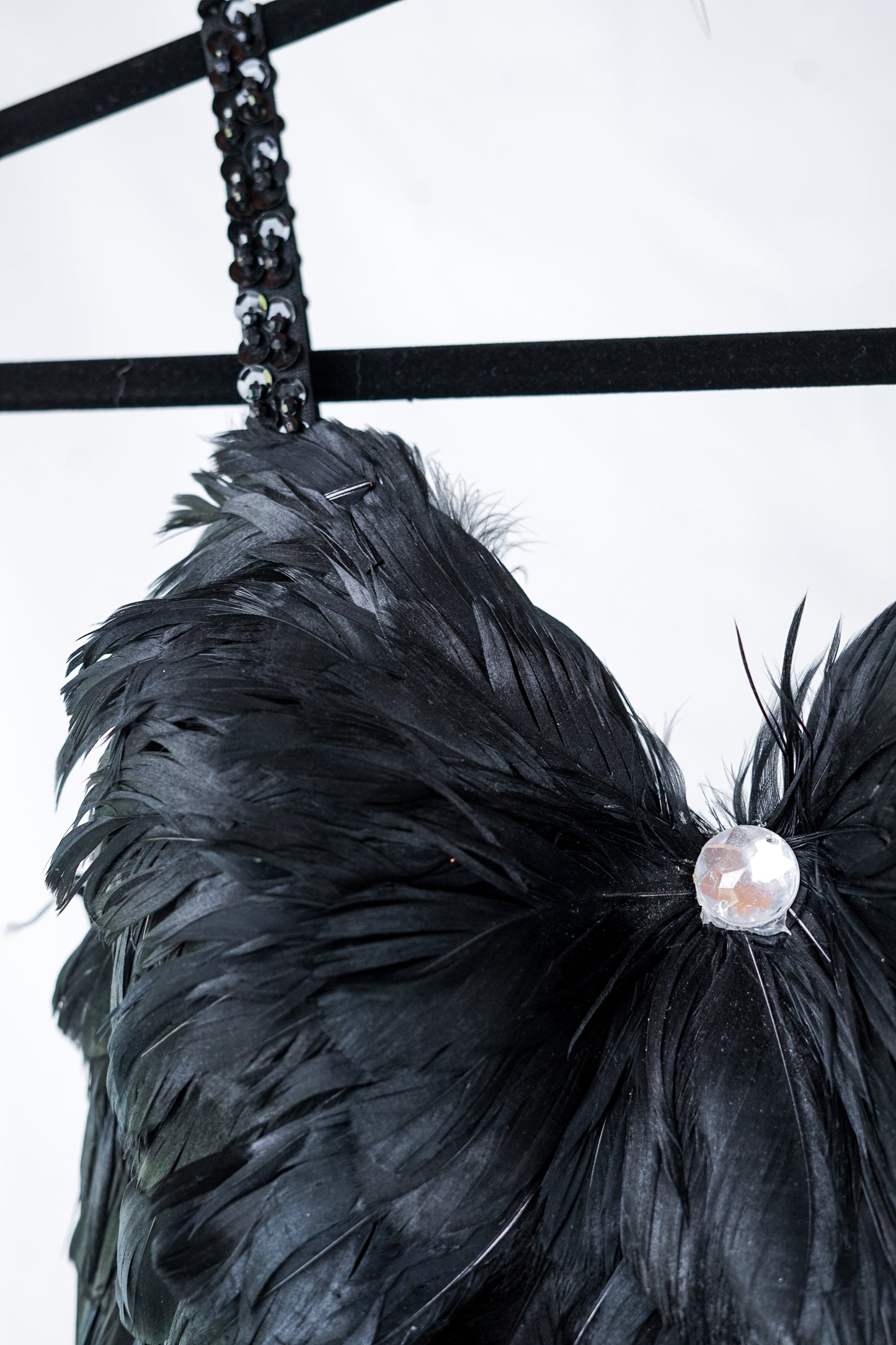 Black Feather Spaghetti Strap Dress with Hand-Placed Rhinestones