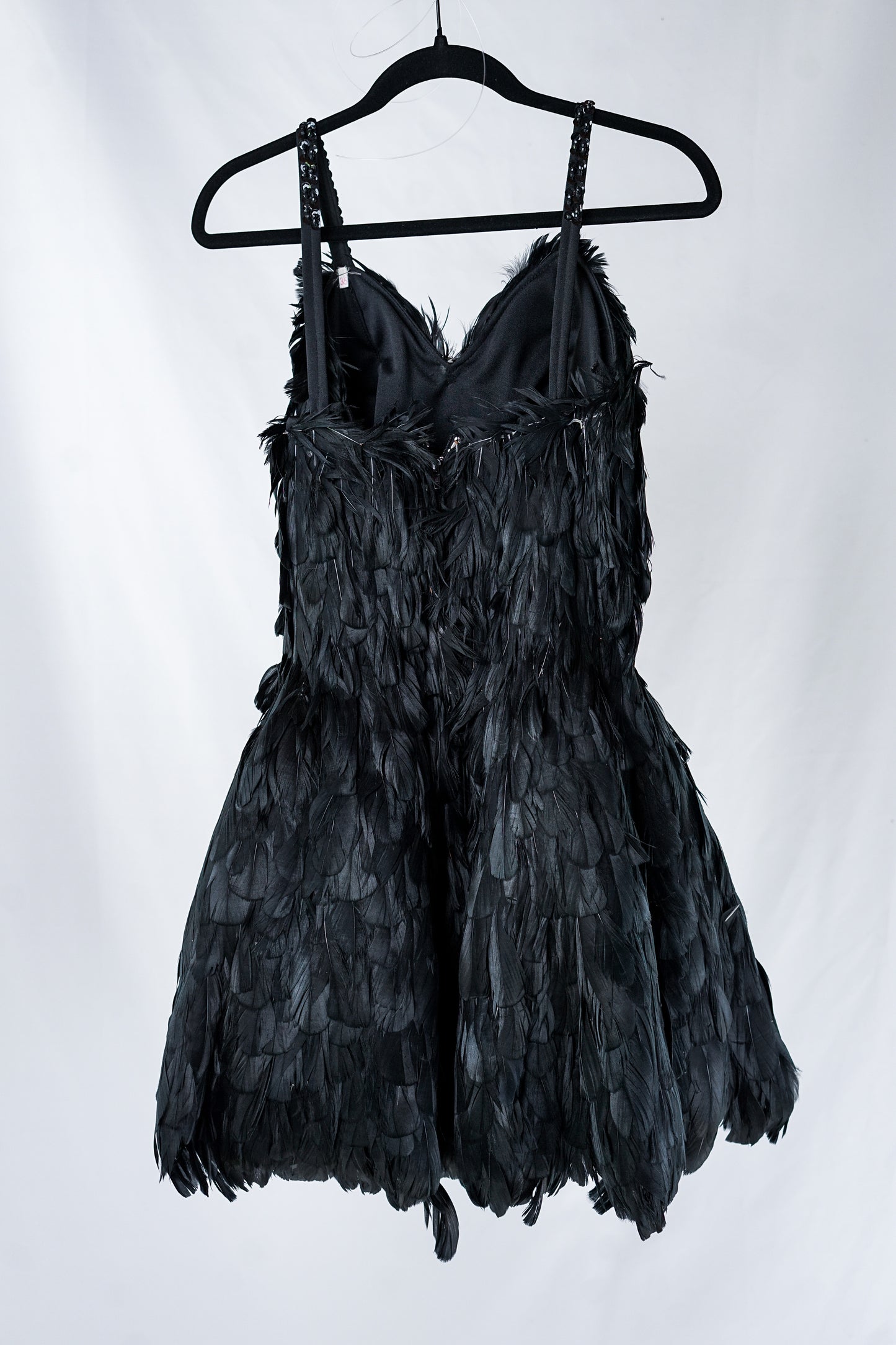 Black Feather Spaghetti Strap Dress with Hand-Placed Rhinestones