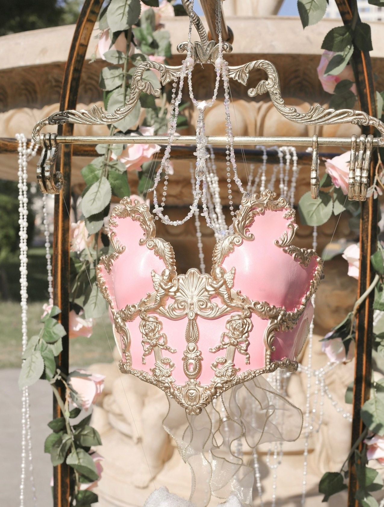 Blush Pink and Gold Venetian Style Bralette with Cherubs and Elegant Details